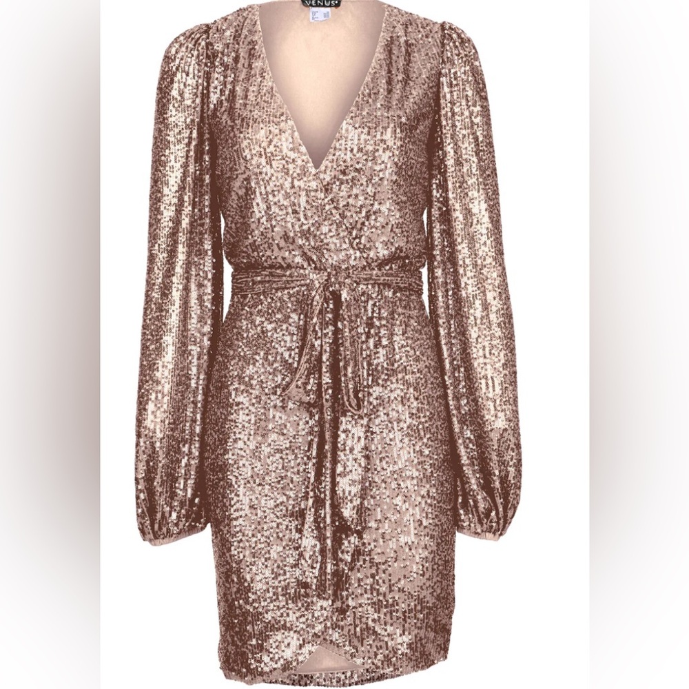 Gold Belted Sequin Wrap Dress from Venus